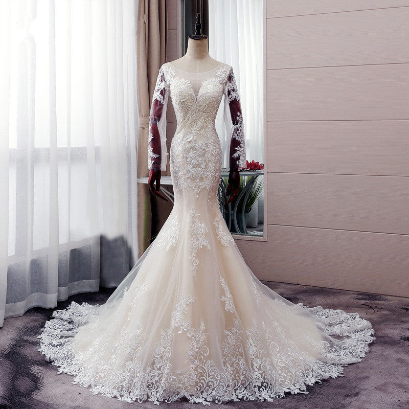 Autumn Long Sleevess Mermaid Lace appliques Ivory Wedding Dress