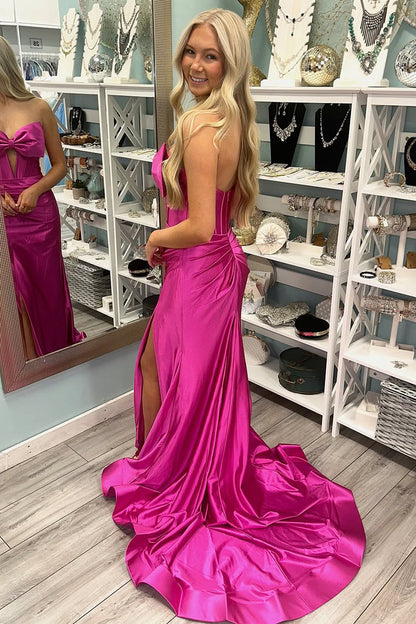 Konrad | Mermaid V-Neck Bow Satin Pleated Slit Long Prom Dresses