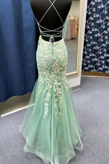 Azenor | Sage Green Spaghetti Straps Mermaid Prom Dress With Appliques