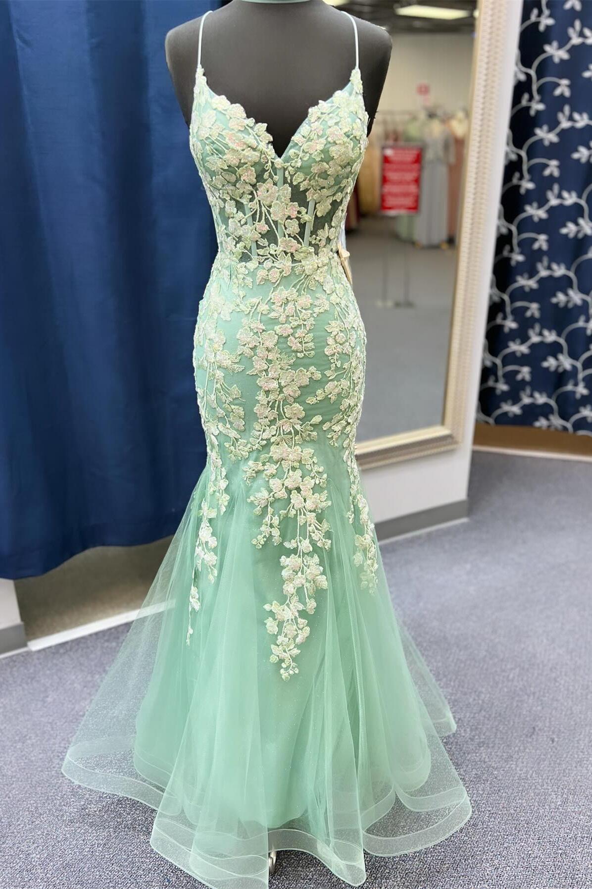 Azenor | Sage Green Spaghetti Straps Mermaid Prom Dress With Appliques