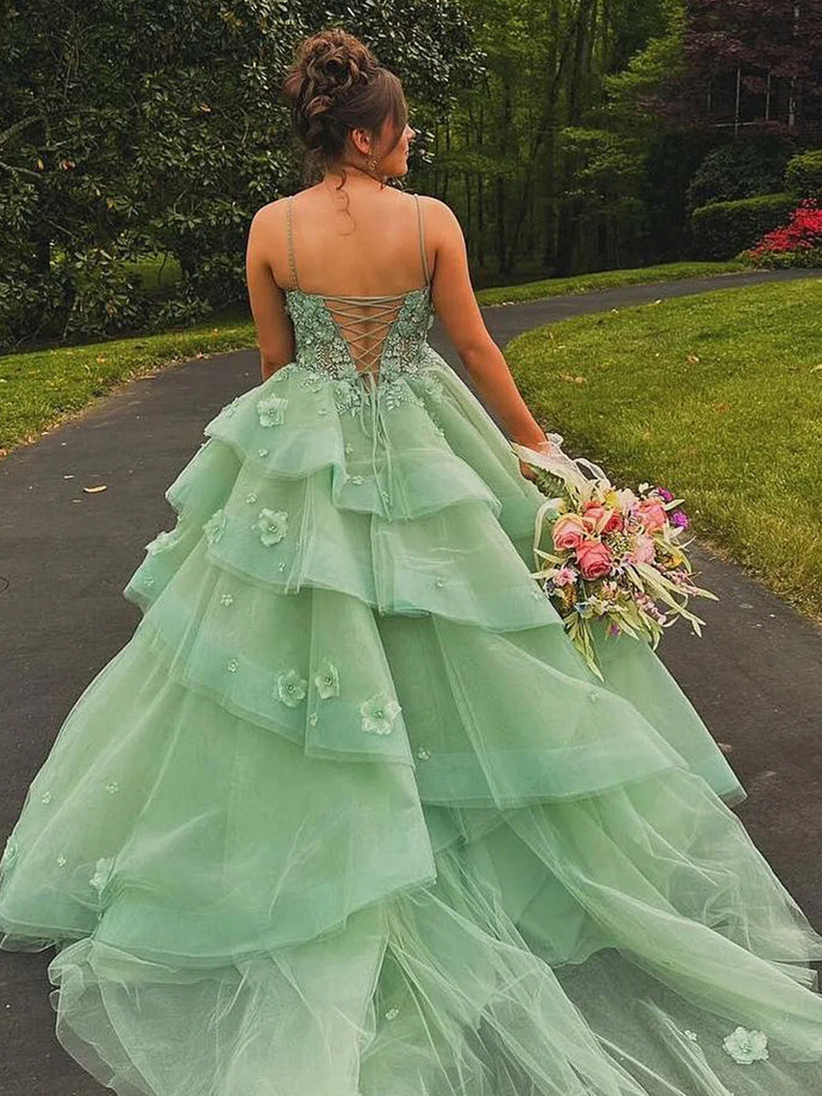 Azurena | Ball Gown Sweetheart Sage Green Tulle Long Prom Dresses with Appliques