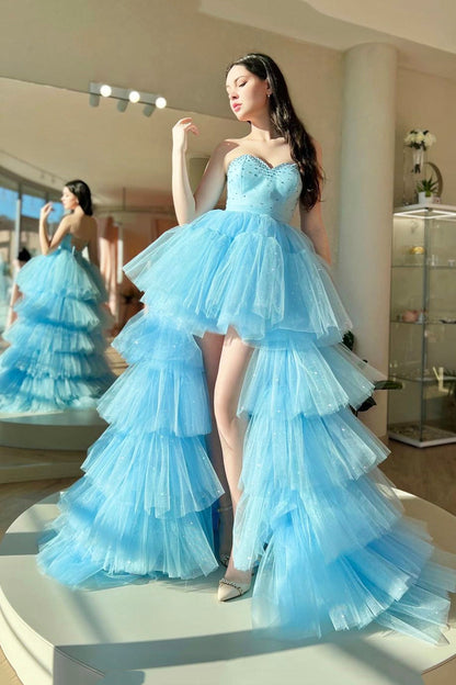 Aleena | Blue Sweetheart Neck Tulle Long Prom Dress, Beautiful A-Line High Low Party Dress