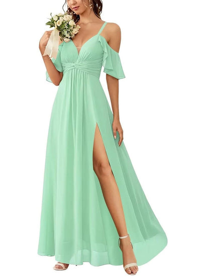 A Line/Princess Off-the-Shoulder Floor-Length Bridesmaid Dresses with Pockets