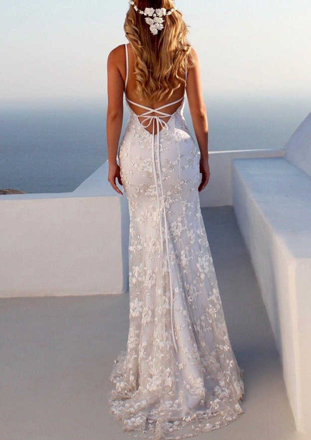 Trumpet/Mermaid Spaghetti Straps Floor-length Lace Wedding Dress