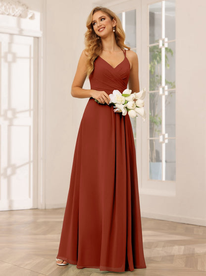 A-Line/Princess V-Neck Sleeveless Floor-Length Bridesmaid Dresses with Ruffles