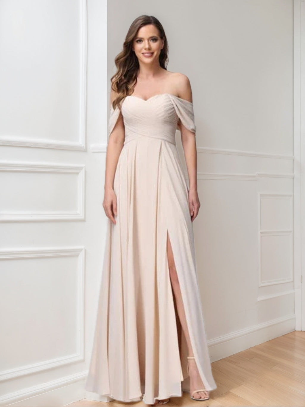 A-Line/Princess Off-the-Shoulder Sleeveless Floor-Length Bridemaid Dresses with Split Side & Ruched