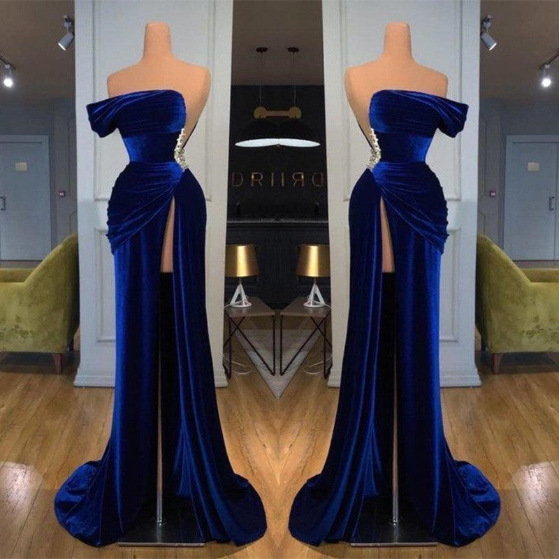 Dark Blue One Shoulder Mermaid Prom Dress Long Split With Beads PD0668