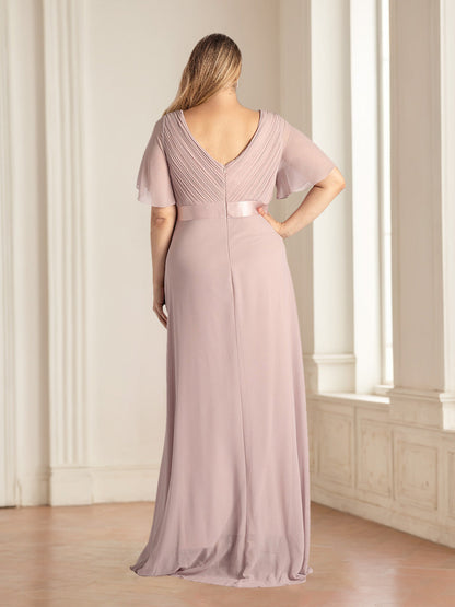 A Line/Princess Deep V-Neck Short Sleeves Floor-Length Plus Size Bridesmaid Dresses with Ruffles