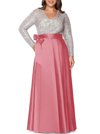 A-Line/Princess V-Neck Long Sleeves Floor-Length Plus Size Mother of the Bride Dresses With Pocket Sequins