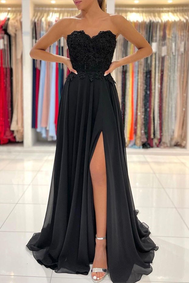 Black Sweetheart Prom Dress Appliques With Split PD0423