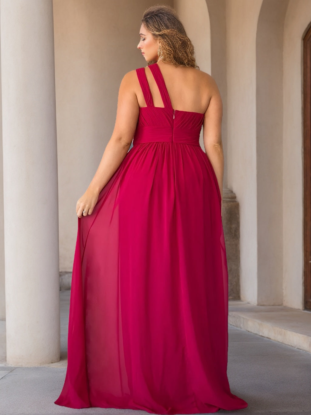 A-Line/Princess One-Shoulder Sleeveless Floor-Length Unique Plus Size Bridesmaid Dress With Ruffles