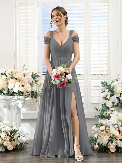 A-Line/Princess V-Neck Floor-Length Chiffon Bridesmaid Dresses with Split Side & Ruched