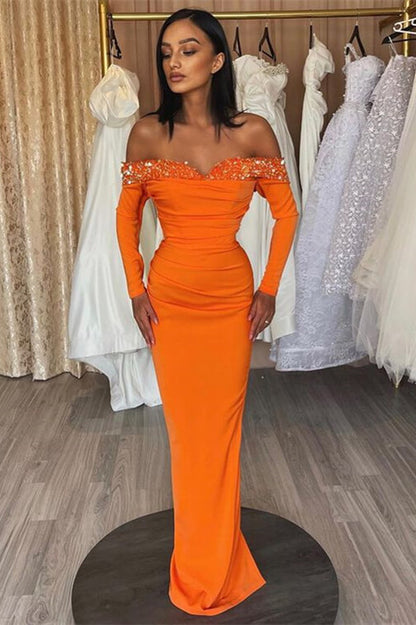 Modern Orange Off-The-Shoulder Long Sleeves Strapless Mermaid Prom Dress With Sequins ED0509