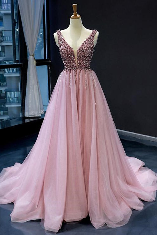 Edgynewlook Pink V-Neck Mermaid Sleeveless Prom Dress With Beadings On Sale