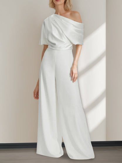 A-Line/Princess One-Shoulder Half Sleeves Floor Length Wedding Pantsuits With Ruffles