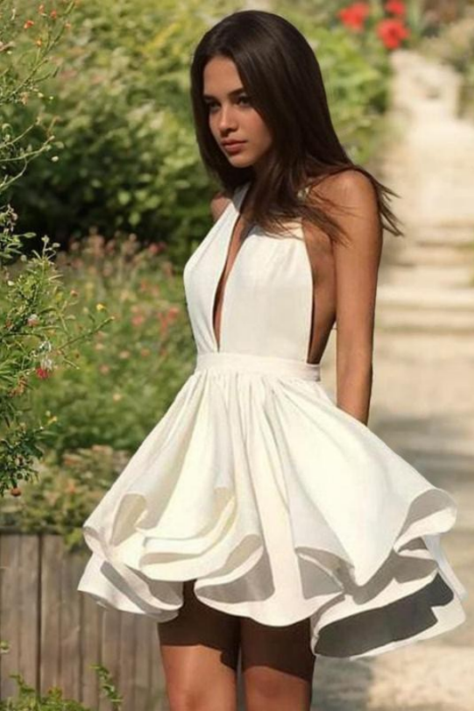 Stunning White Halter Deep V-neck Homecoming Dress Backless Prom Dress HC0038