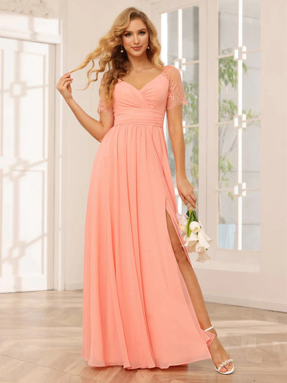 A-Line/Princess V-Neck Short Sleeves Floor-length Bridesmaid Dresses with Split Side