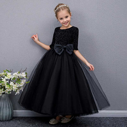 Floor Length Half Sleeves Round Neck A-Line/Princess Girl Party Dress with Bow