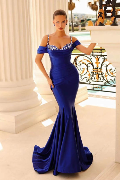 Off-The-Shoulder Mermaid Sweetheart Beads Prom Dress With Spaghetti-Straps ED0144