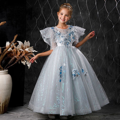 Ball Gown Short Sleeves Rhinestone Flower Appliques Girl Party Dress with Feathers