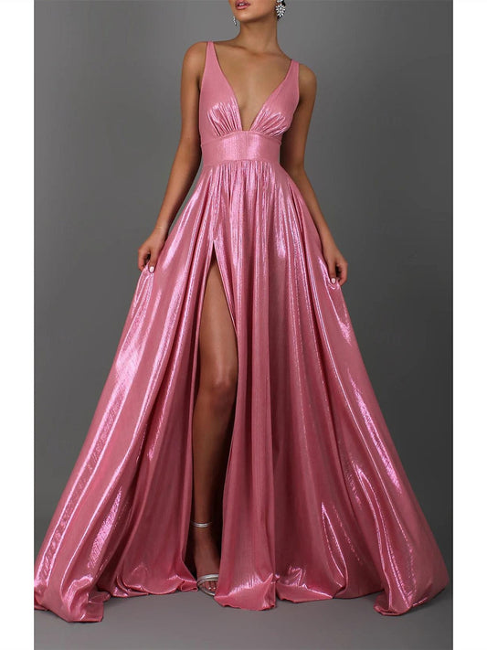 A-Line/Princess Sleeveless V Neck Floor-Length Prom Dresses with Pleats