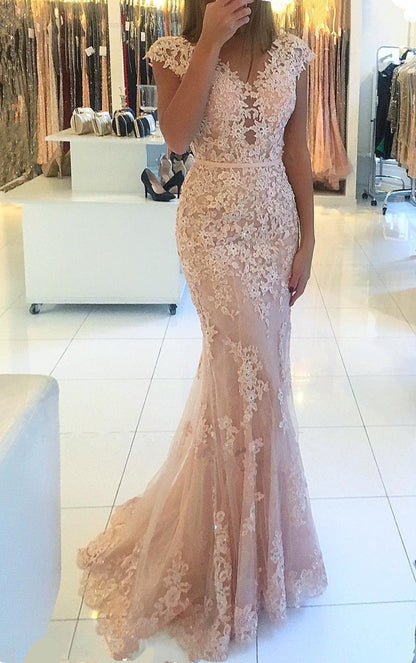 Mermaid Cap Sleeve Prom Dress Appliques PD041