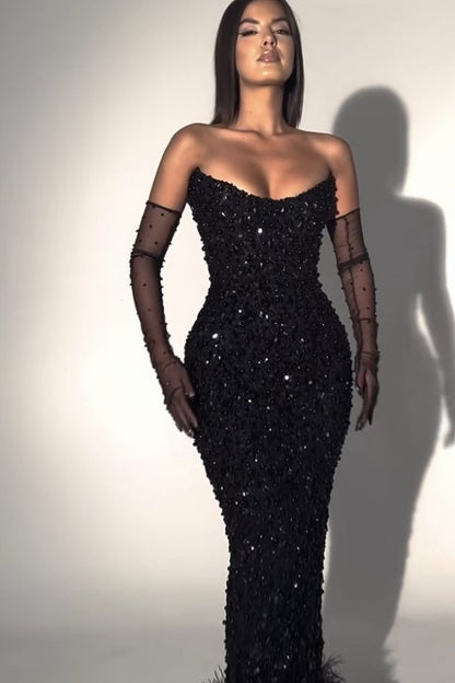 edgynewlook Black Strapless Long Prom Dress Sleeveless with Sequins