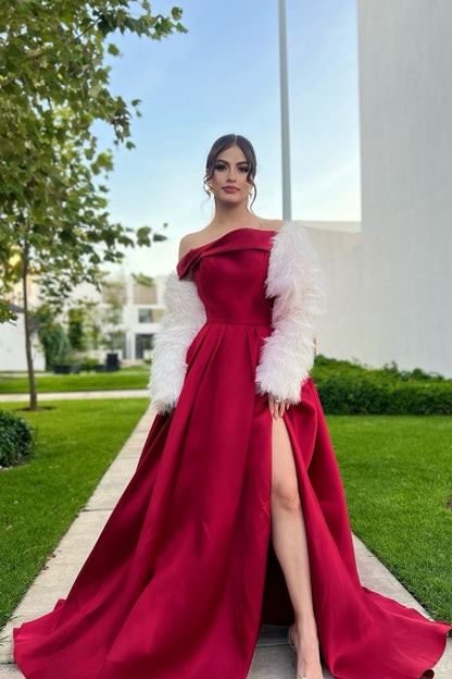 edgynewlook Burgundy Off-the-Shoulder A-Line Prom Dress Long Slit with Beaded Gloves