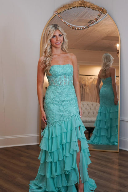 edgynewlook Charming Green Chiffon Sleeveless Strapless Applique Prom Dress with Ruffles