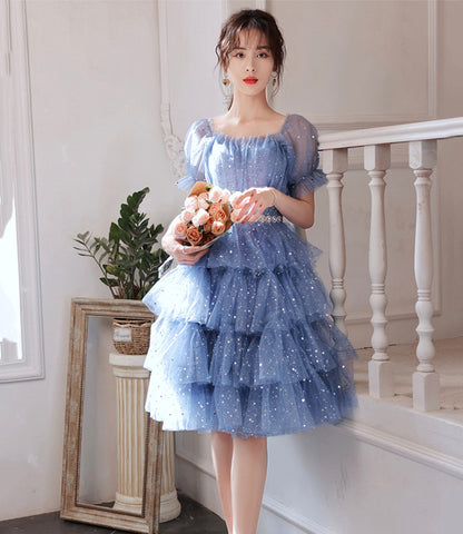 Blue tulle short A line prom dress homecoming dress  8897