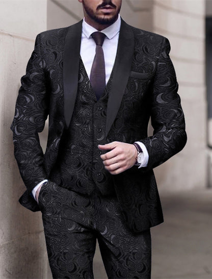 Men's Tailored Fit Single Breasted Two-buttons 3 Pieces Patterned Wedding Suits