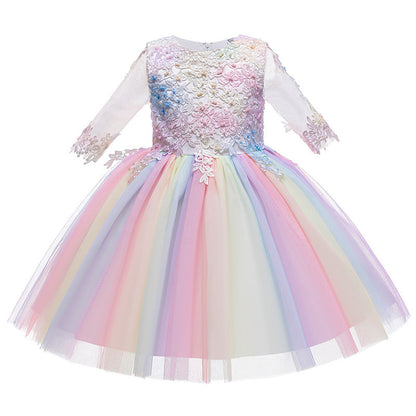 Ball Gown Scoop Neck Half Sleeves Tulle Flower Girl Dress with Appliques & Bow