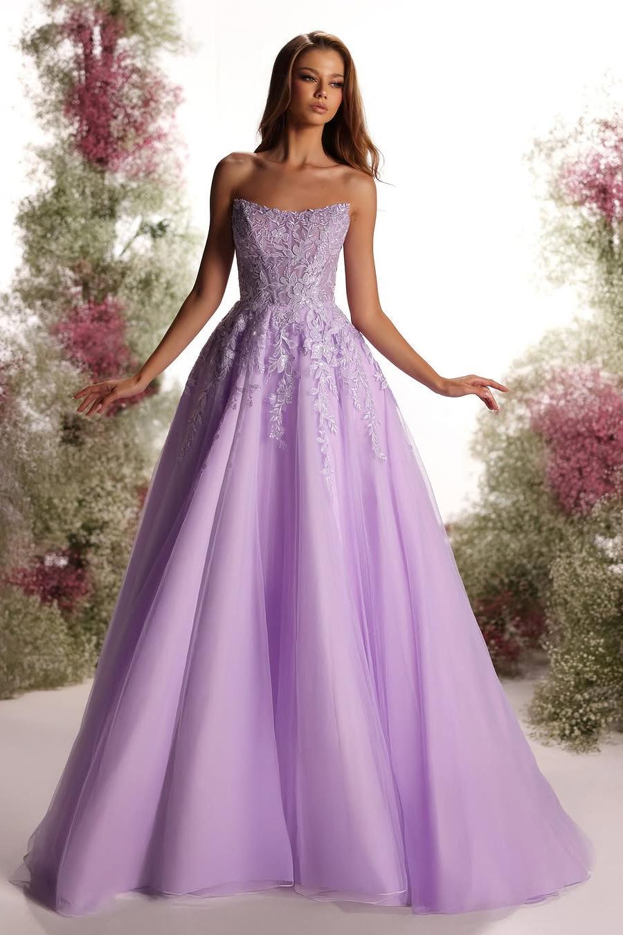 edgynewlook Beautiful Purple Tulle Sleeveless Strapless Applique A Line Prom Dress with Pleated