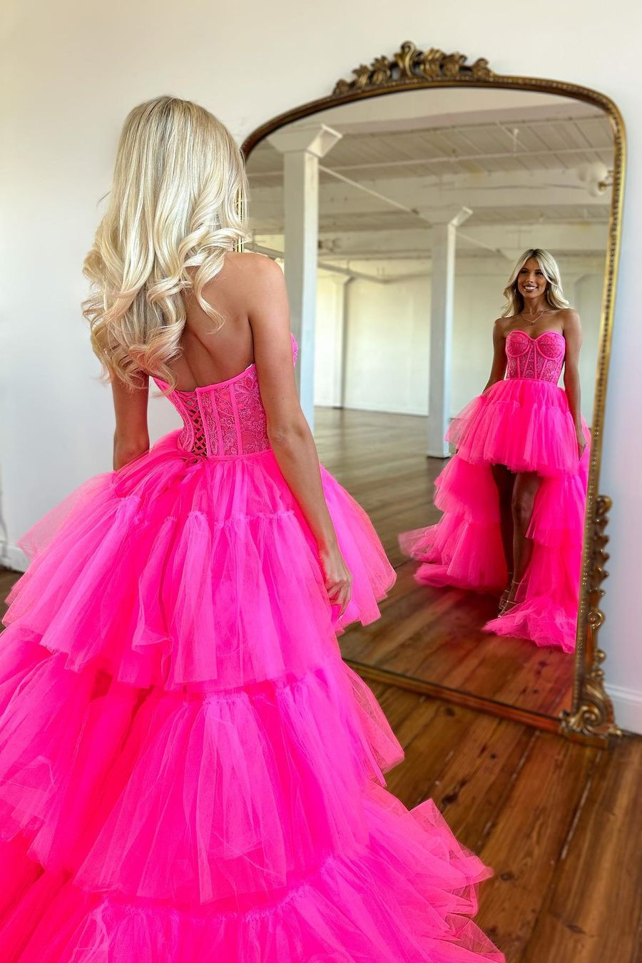 Beautiful Rose Prom Dress With Sleeveless Gown Tulle Train YL0113