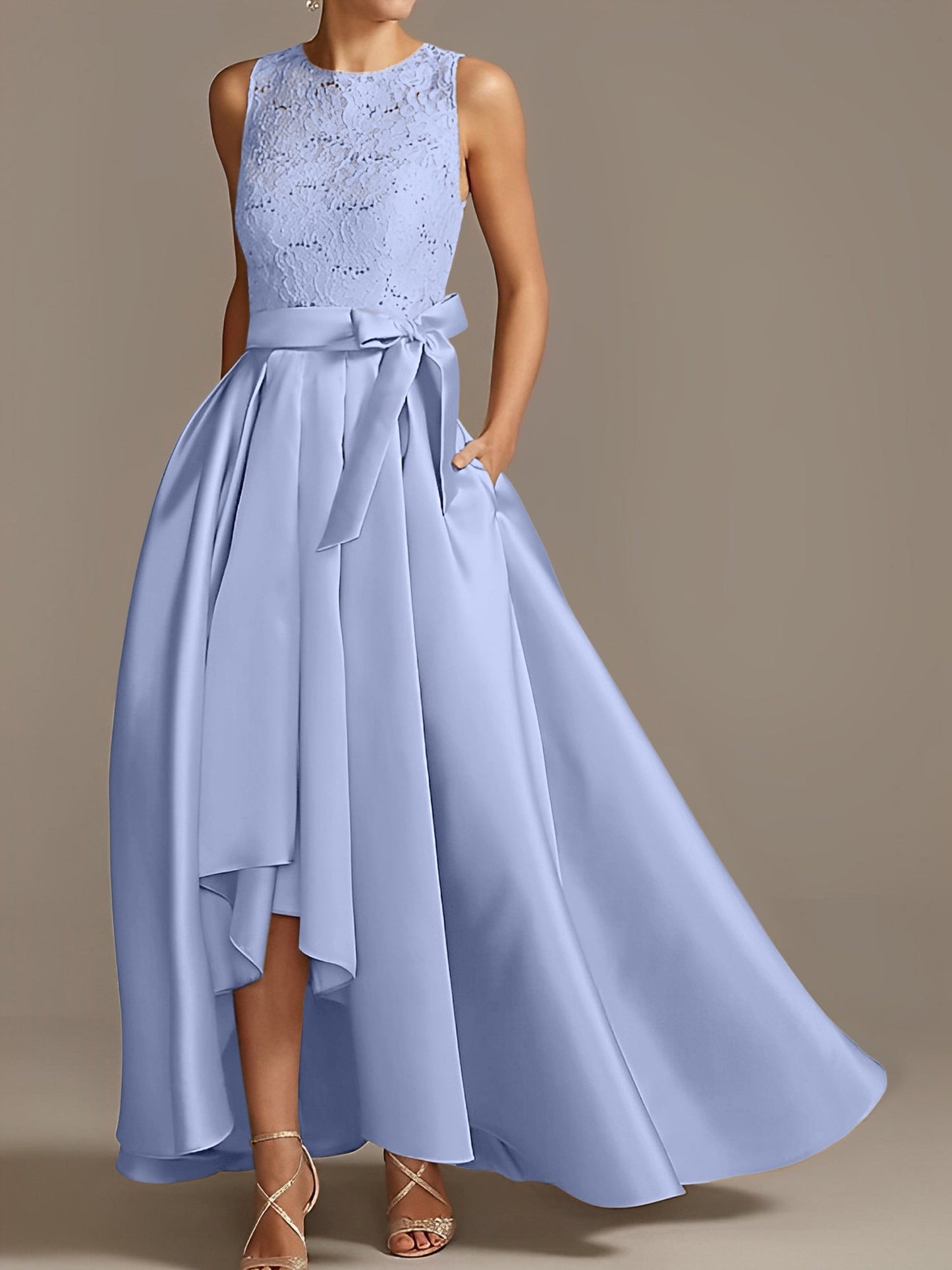 A-Line/Princess Jewel Neck Sleeveless Asymmetrical Mother Of The Bride Dresses With Pleats