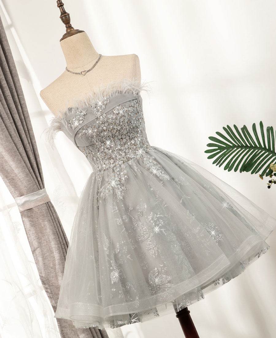 Gray tulle sequins short prom dress  8331