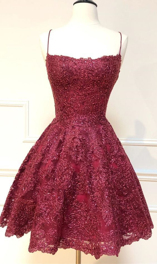 formal short homecoming dresses, spaghetti straps cocktail party dresses, burgundy lace homecoming dresses gh831