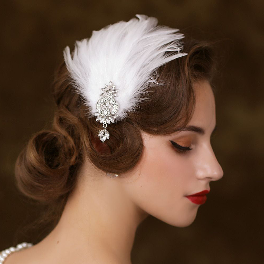 Vintage Elegant Feather Rhinestone Comb Headpiece