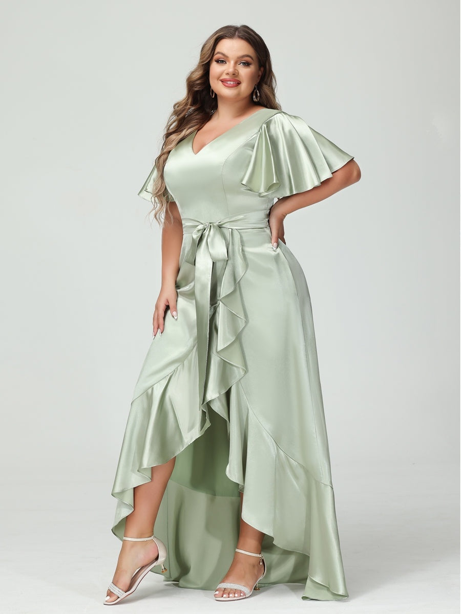 Sheath/Column V-Neck Short Sleeves Ruffles Asymmetrical Plus Size Dresses with Pockets & Sash