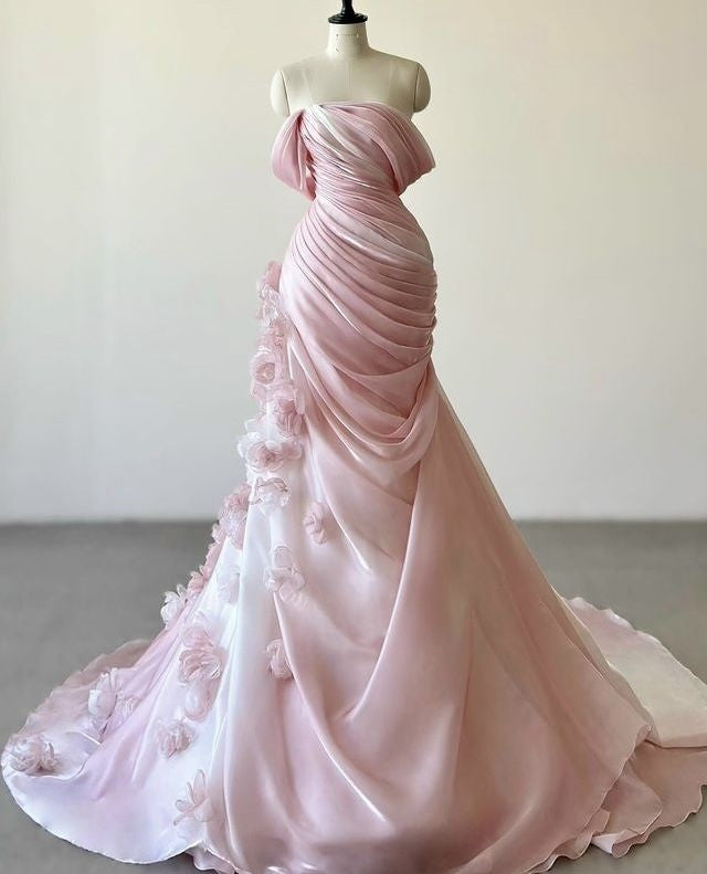 Pink Gorgeous Exquisite Floral Long Pleated Tulle Floor-Length Train Ball Gown Evening Gown Wedding Dress gh3271