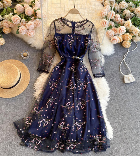 Blue lace short A line dress fashion girl dress  797