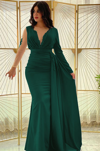 Long Sleeves Mermaid Prom Dress Split With Ruffle PD0452