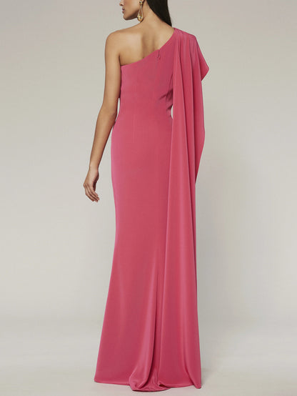 Sheath/Column One-Shoulder Sleeveless Floor-Length Evening Dress with Watteau Train