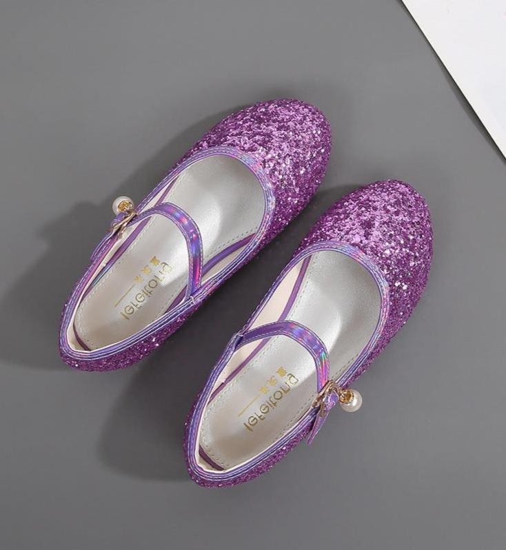 Sparkling Sequins Low Heel Round Toe Minimalist Girl's Shoes with Buckle & Pearl