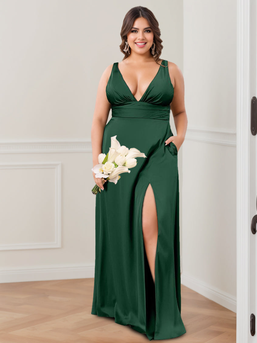 A Line/Princess Deep V-Neck Sleeveless Floor-Length Bridesmaid Dresses with Ruffles & Split Side