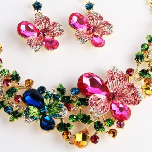 Women's Color-Plated Crystal Glass Exaggerated Flower Jewelry Set