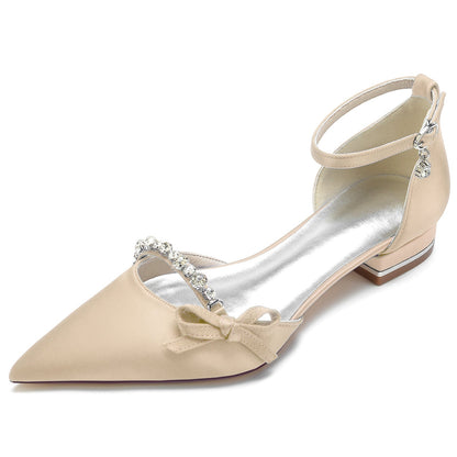 Women's Wedding Shoe Crystal Bow Silk Satin Pointed Toe Low Buckle Bridal Shoes