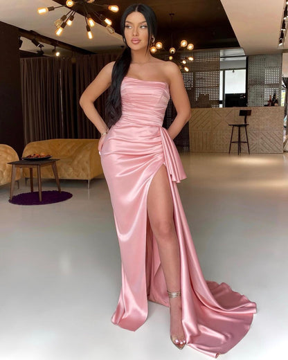 Pink Strapless Long Pleated Prom Dress With Split ED0068