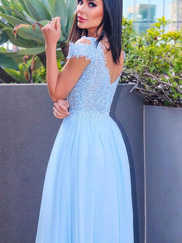 Cap Sleeves Sky Blue Long Prom Dress With Slit PD0166