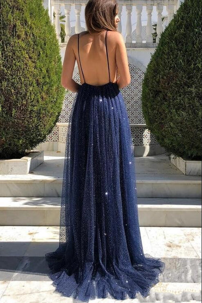 Dark Navy Spaghetti-Straps Sequins Prom Dress PD0194